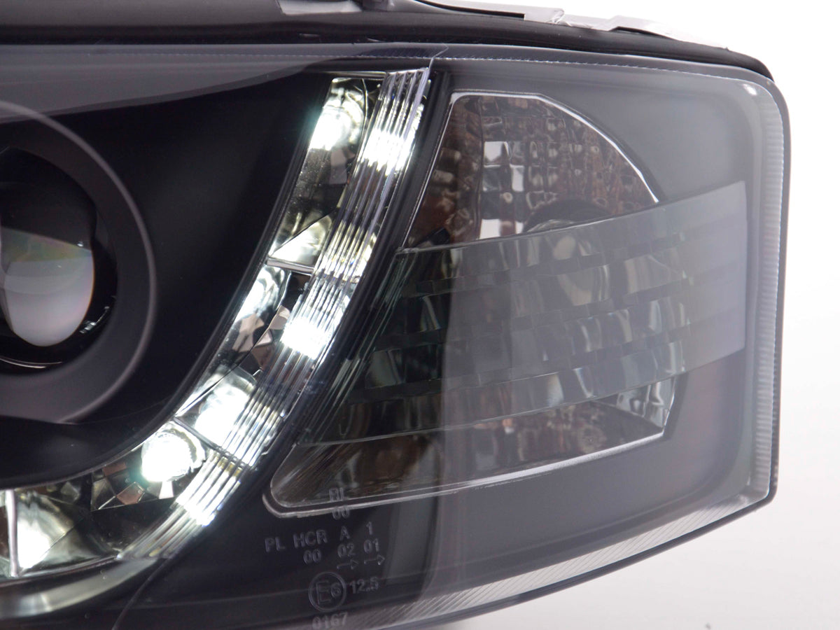Scheinwerfer Set Daylight LED Tagfahrlicht Audi A6 4B 97-00 schwarz Scheinwerfer Set Daylight LED Tagfahrlicht Audi A6 4B 97-00 schwarz